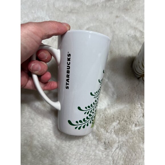 Starbucks Holiday Tree Mug Set Of two 12oz Ceramic Coffee Mugs Gold & Green Desi - Picture 2 of 9